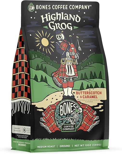 Bones Coffee Company Highland Grog, Butterscotch Caramel Flavored Coffee, Medium Roast Low Acid Arabica Beans Compatible with Auto drip and French Press Coffee Maker, 12 Oz Ground