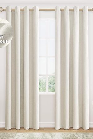 Cream Linen Blackout Curtains 84 Length 2 Panels Set for Living Room Bedroom, 100% Black Out Thermal Insulated Linen Drapes, Room Darkening Grommet Curtains 84 Inches Long Natural Beige