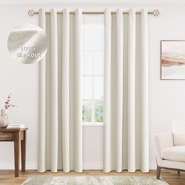 Cream Linen Blackout Curtains 84 Length 2 Panels Set for Living Room Bedroom, 100% Black Out Thermal Insulated Linen Drapes, Room Darkening Grommet Curtains 84 Inches Long Natural Beige