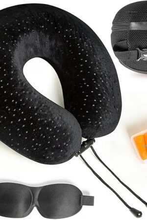 Aeris Memory Foam Travel Pillow for Airplanes - Best Airplane Neck Pillow for Long Flights - Plane Accessories Carry Bag to Save Space, Ear Plugs and Eye Mask - Perfect Flight Set & Gift