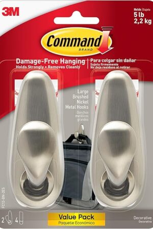 Command 5 lb Large Brushed Nickel Metal Hooks, 2 Coat Hooks and 4 Command Strips, Damage-Free Hanging with Adhesive, Great for Hanging Home and Room Decor