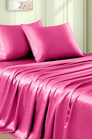 VACVELT 4pcs Hot Pink Satin Sheets Queen Size Bed Set, 15 Inch Deep Pocket Silky Satin Sheet Set, Soft Satin Bedding Set Cooling & Luxury Bed Sheets, 1 Fitted Sheet + 1 Flat Sheet + 2 Pillowcases