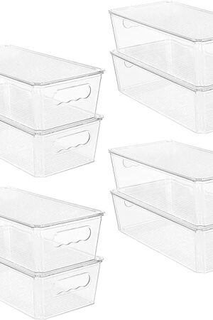 Vtopmart 8pcs Clear Organizers and Storage Bins with Lids, Stackable Plastic Storage Containers with Handles for Fridge, Freezer, Pantry, Cabinet, Kitchen Organization