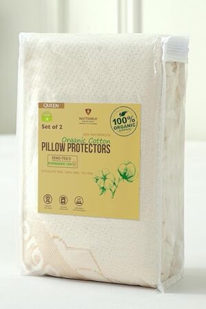 2-Pack Deluxe Organic Cotton Pillow Protectors Queen Size - Certified Organic, Waterproof, Zippered Encasement, Ultra-Soft Knit Fabric, Thick 280 GSM Cotton