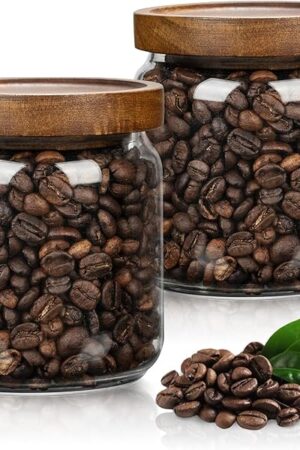 2PCS Small Glass Storage Jars with Airtight Lids, 17 fl oz (500ml) coffee container with Wooden Lid, Glass Pantry Canister for Beans, Rice, Sugar and etc