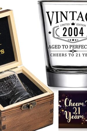 21st Birthday Gifts for Him Her - Limited Edition Shot Glass with Wooden Box - Vintage 2004 Cheers To 21 Years, Finally 21 Party Decorations Supplies - Turning 21 Bday Present for Men Brother Friends
