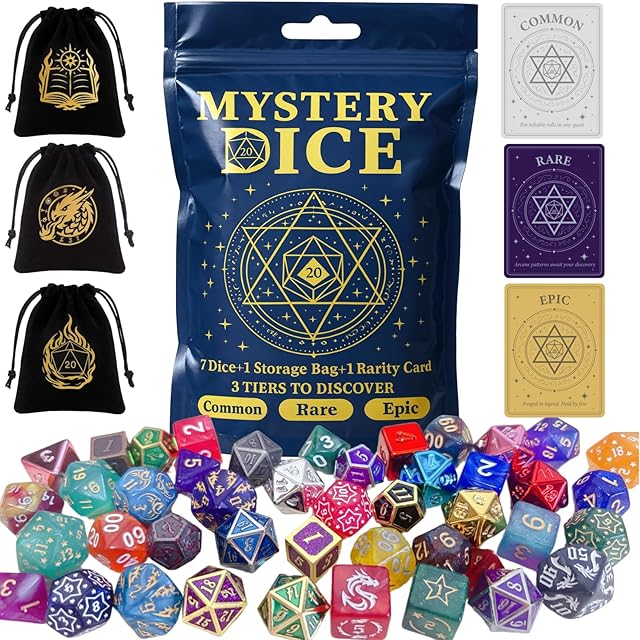 The Mystery Dice Set of 7 Polyhedral Dice, DND Dice Set with Storage Bag and Rarity Card, RPG Dice, for Role Playing, Table Games (1 Pack)