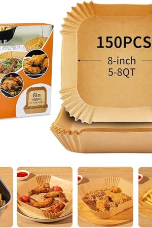 Air Fryer Liners Disposable Paper - 150 PCS 8 Inch Nonstick Parchment Paper Liners for 5-8QT Air Fryer, Free of Bleach Square for Frying, Baking, Roasting Microwave