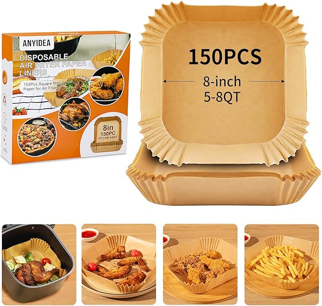 Air Fryer Liners Disposable Paper - 150 PCS 8 Inch Nonstick Parchment Paper Liners for 5-8QT Air Fryer, Free of Bleach Square for Frying, Baking, Roasting Microwave