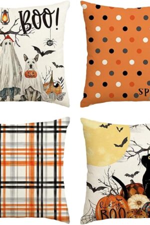 AVOIN colorlife Halloween Boo Dead Tree Ghost Spooky Dog Polka Dots Throw Pillow Covers, 18 x 18 Inch Cat Moon Pumpkin Bat Plaid Cushion Case Decoration for Sofa Couch Set of 4