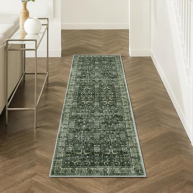 Anidaroel Runners for Hallways 2x6 Non Slip, Washable Kitchen Runner Rug, Vintage Boho Runner Rug, Soft Indoor Throw Carpet Runners for Laundry Room Entryway, Dark Green