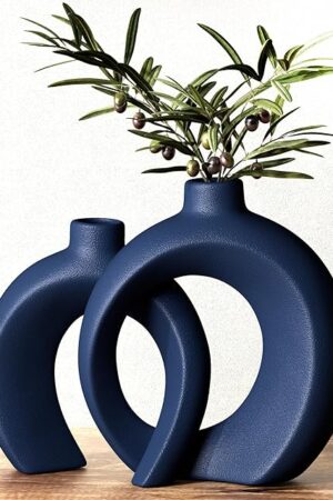 Blue Vase Set of 2 - Donut Navy Vases Home Decor, Modern Coastal Decor - Decorative Vase, Ceramic Decorations for Living Room Coffee Table Bookshelf Shelf Console Mantle (Matte Navy Blue)