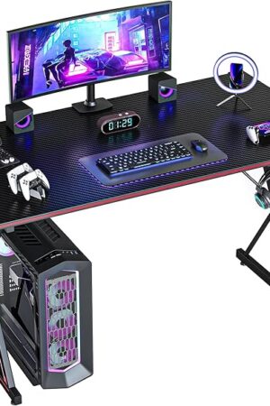 CubiCubi Gaming Desk 40 Inch PC Computer Desk, Carbon Fiber Home Office Desk Table Gamer Workstation, Simple Game Table with Headphone Hook, Black