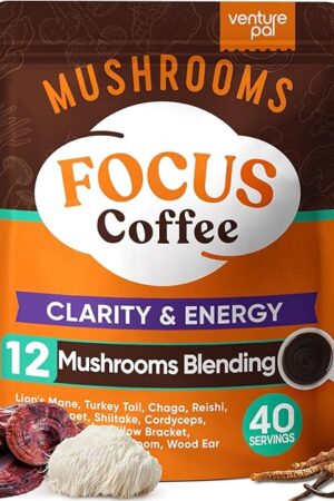 Venture Pal Mushroom Coffee with 12 Adaptogenic Functional Mushrooms with Ashwagandha, Lion's Mane, Chaga and Probiotics, 1200mg Mushrooms Instant Coffee for Focus, Digestion & Immunity - 40 Servings