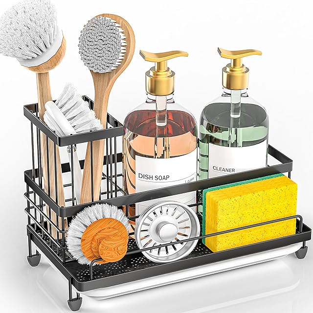 Cisily Large Capacity Kitchen Sink Caddy Organizer, Rustproof Non-Slip Sponge Holder With Dish Brush Holder Organizer, Kitchen Organization and Storage, Essentials Accessories for Countertop