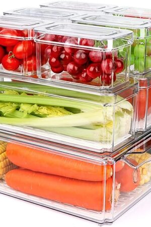 10 Pack Refrigerator Pantry Organizer Bins, Stackable Fridge Organizer Bins with Lids, Clear Plastic Food Storage Bins for Kitchen, Countertops, Cabinets, Fridge, Drinks, Fruits, Vegetable, Cereals