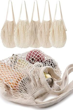 5 pack Cotton String Shopping Bags Reusable Washable Grocery Mesh Bags Organizer for Grocery Shopping Produce Net Bags with Longhandle for Fruit Vegetable Storage
