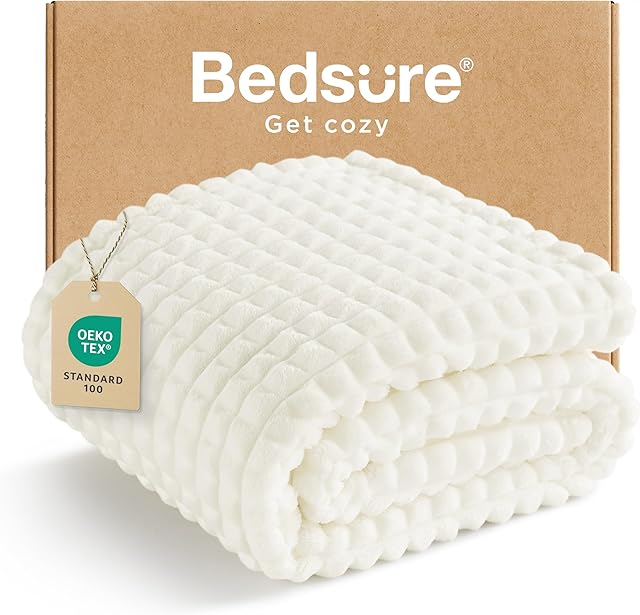 Bedsure Cream Throw Blanket for Couch - Cute Soft Cozy Fall Blankets for Women, Fleece Fluffy Fuzzy Throws for Girls, Anthropologie Home Fall Decor Housewarming Gifts New Home, White, 50x60 Inches