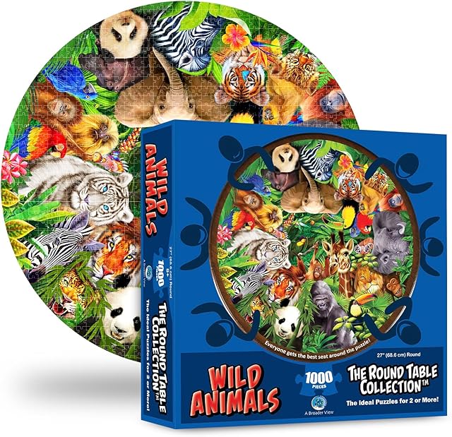 The A Broader View Wild Animals Round Table Puzzle - 1000 Pieces, Jigsaw Puzzles for Adults & Kids, Suitable for Groups of 2 or More, Everyone Gets The Best Seat at The Table, Incl. 12x12? Poster