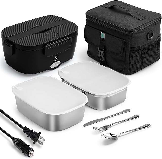 STN Electric Lunch Box 80w Heated Lunchbox For Adults,12/24/110V Warming Lunchbox for Car/Truck/Office with 2x1.5L Stainless Steel Containers,10L Insulated Bags,Big Cutlery Set