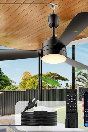 Ceiling Fans with Lights,28" LED Fan Light Hanging with Hook,Hook Type Ceiling Fan,Plug in Ceiling Fan Light,35W,3000-6500k,Remote Control,Portable Fan for Camping Bed,Patios,(Black)
