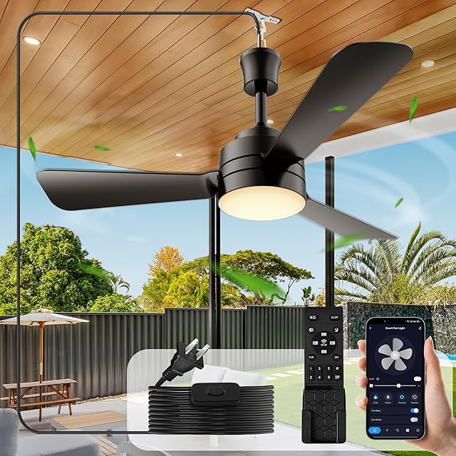 Ceiling Fans with Lights,28" LED Fan Light Hanging with Hook,Hook Type Ceiling Fan,Plug in Ceiling Fan Light,35W,3000-6500k,Remote Control,Portable Fan for Camping Bed,Patios,(Black)