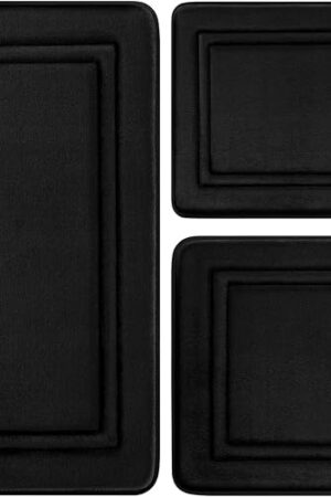 BYSURE Black Memory Foam Bath Mat, Non Slip Extra Soft Absorbent Machine Washable, Bathroom Rugs Sets 3 Piece for Toilet Shower Sink