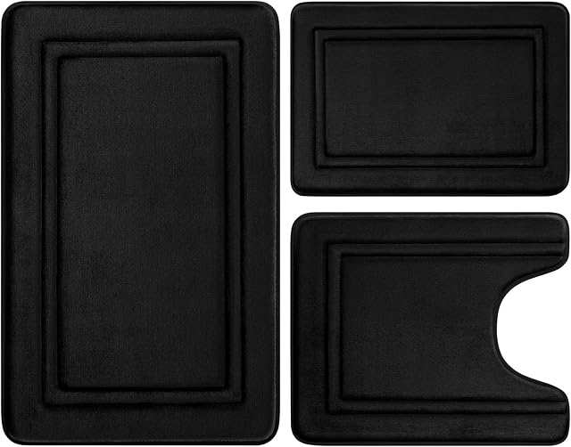 BYSURE Black Memory Foam Bath Mat, Non Slip Extra Soft Absorbent Machine Washable, Bathroom Rugs Sets 3 Piece for Toilet Shower Sink