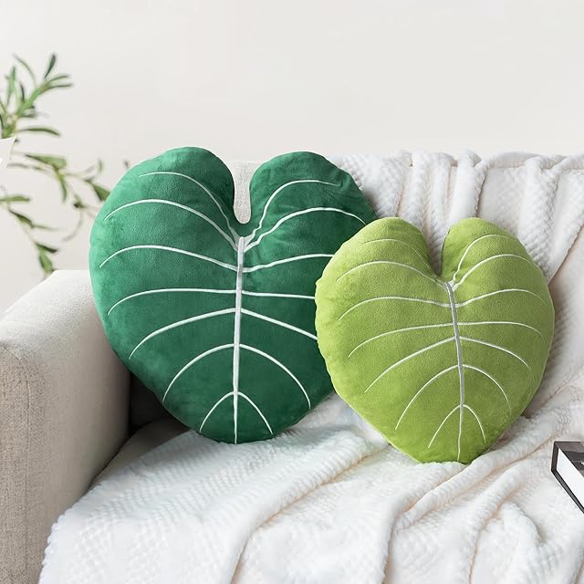 AELS Set of 2 3D Leaves Decorative Throw Pillows, 23.6"& 19" Alocasia Frydek Plush Pillow Set for Plant Lovers Garden Lovers, Living Room Bedroom Nursery Decor, Light Green & Dark Green
