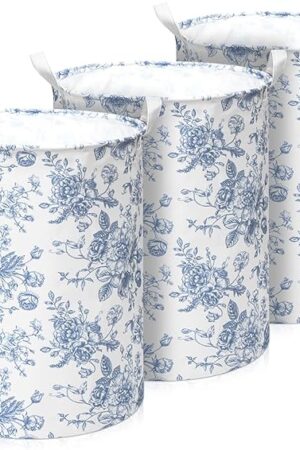 3 Pcs Blue Flower Foldable Laundry Basket Large Collapsible Storage Hamper with Handle Canvas Clothes Bin Storage Basket for Bathroom, Nursery, Dorm