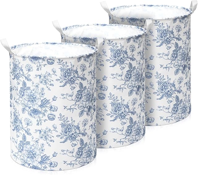 3 Pcs Blue Flower Foldable Laundry Basket Large Collapsible Storage Hamper with Handle Canvas Clothes Bin Storage Basket for Bathroom, Nursery, Dorm