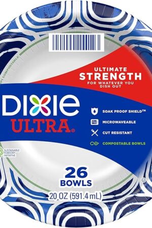Dixie Ultra, Large Paper Bowls, 20 Oz, 26 Count, Microwave Safe, Compostable, Disposable Bowls Great For Breakfast, Lunch, And Dinner Meals