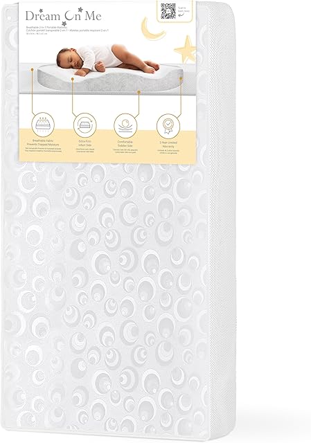Dream On Me 2-in-1 Breathable Two-Sided 3" Portable Mini Crib Mattress, Greenguard Gold Certified, Vinyl and Breathable Fabric, White