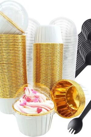 Cupcake Liners with Dome Lids 100Pack, Free-Air 3.5Oz Mini Foil Baking Cups Muffin Liners, Disposable Ramekins Cupcake Tins Cupcake Wrappers for Wedding Birthday Party, with Spoons-White in Gold
