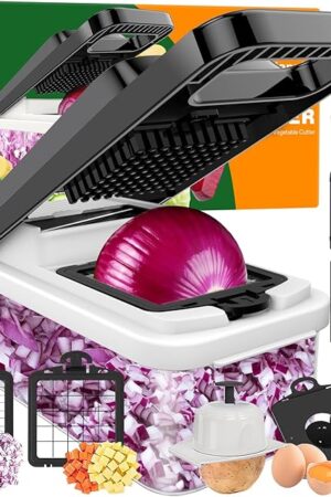 12-in-1 Vegetable Chopper, 7 Blades Veggie Chopper with Container and Lid, Dicer, Slicer, Multifunctional Kitchen Gadgets, Vegetable Cutter with Handle, Onion Cutter(Black/White)