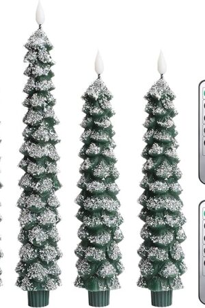 4 Pcs Flameless Taper Candles, Christmas Tree Candles with Remote, Battery Operated Candlesticks, Flickering LED Window Candlelights Real Wax Christmas Candlesticks H9.45,11.4?Green