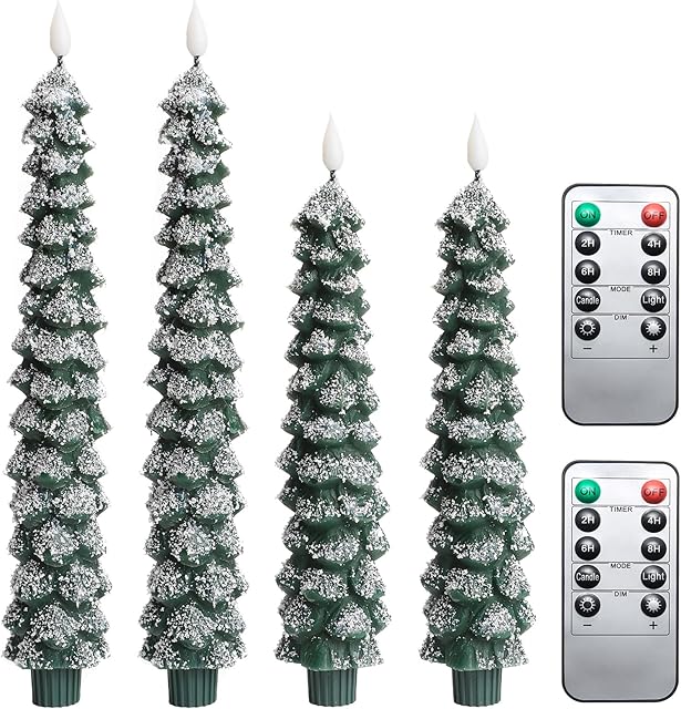 4 Pcs Flameless Taper Candles, Christmas Tree Candles with Remote, Battery Operated Candlesticks, Flickering LED Window Candlelights Real Wax Christmas Candlesticks H9.45,11.4?Green