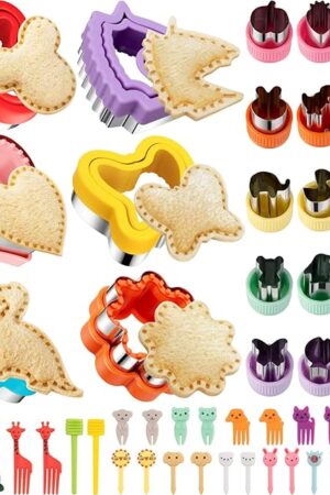 48Pcs Sandwich Cutter and Sealer Set for Kids, Decruster Sandwich Maker Holiday Cookie Cutters Fruit Vegetable Food Cutter Shapes for Boy & Girls Bento Lunch Box w/Mickey Mouse Dinosaur Unicorn Heart