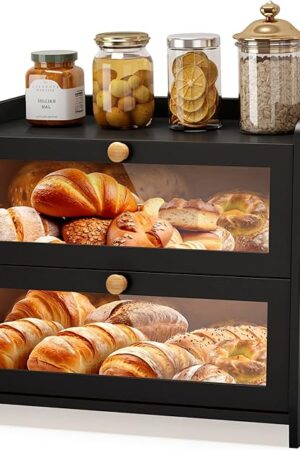 Double Layer Bread Box for Kitchen Countertop, Large Breadbox Bread with Windows, Wooden Farmhouse Bread Holder (Black)
