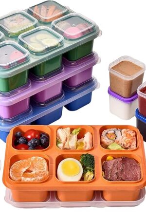 4-Pack Bento Box & Snack Containers for Kids & Adults | 6-Compartment with 4 Sauce Cups | BPA-Free, Dishwasher Safe | Ideal for School, Office, Picnic & Travel (38oz/1100ml)