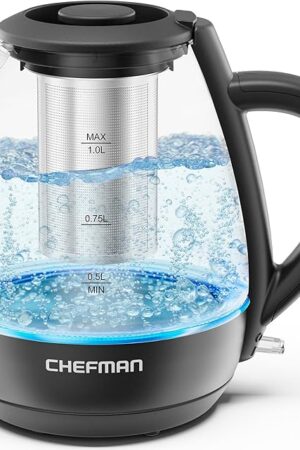 Chefman Electric Kettle with Tea Infuser, 1L 1500W, Removable Lid for Easy Cleaning, Boil-Dry Protection, Stainless Steel Filter, BPA Free, Auto Shut Off Hot Water Boiler, Small Electric Tea Kettle