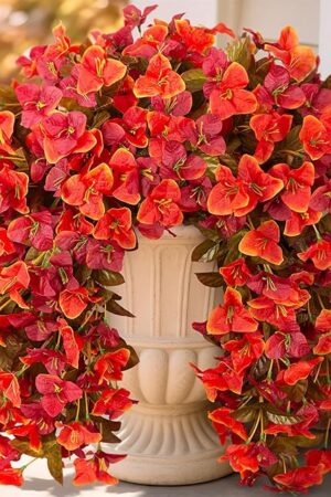 2 pcs Artificial Faux Bougainvillea Fall Flowers Plants for Outdoor Outside Decoration, Fake Silk UV Resistant Long Trailing Vines for Front Door Porch Planter Balcony Decor