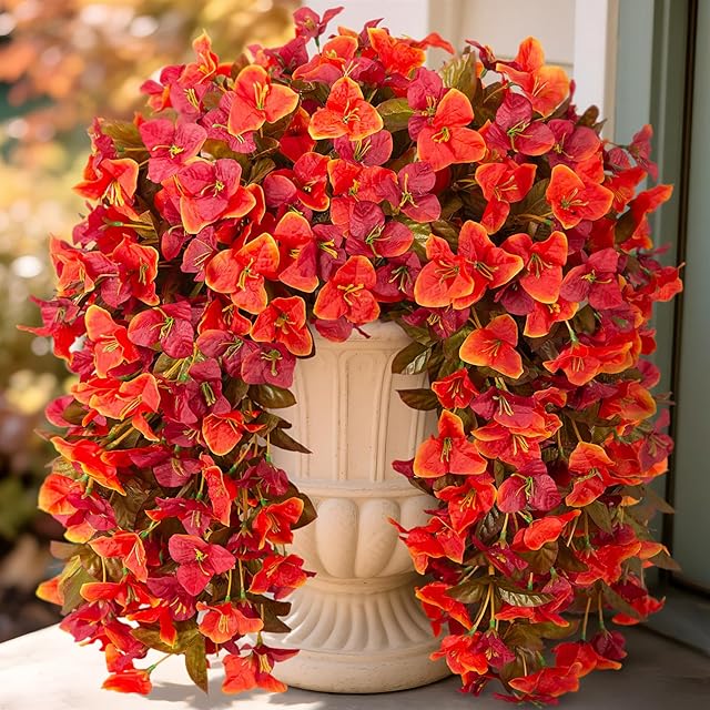 2 pcs Artificial Faux Bougainvillea Fall Flowers Plants for Outdoor Outside Decoration, Fake Silk UV Resistant Long Trailing Vines for Front Door Porch Planter Balcony Decor