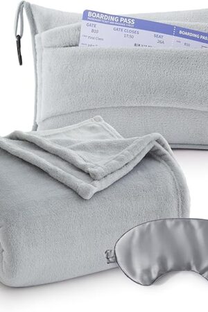 Bedsure Travel Blanket Airplane Compact with Storage Bag, Packable Blanket with Eye Mask, Lightweight 2-in-1 Travel Essentials, Functioned as Pillow for Airplane Comfort and Warmth, Grey