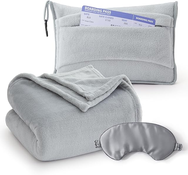 Bedsure Travel Blanket Airplane Compact with Storage Bag, Packable Blanket with Eye Mask, Lightweight 2-in-1 Travel Essentials, Functioned as Pillow for Airplane Comfort and Warmth, Grey