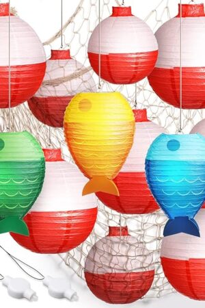 17 Pcs Fishing Birthday Party Decorations Set 3 Fish Shaped Hanging Paper Lanterns 10 Fishing Bobber Round Paper Lanterns 1 Fish Net and 3 LED Lights for Fishermen Themed Pool Party Decorations