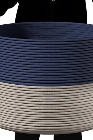 Cotton Rope Storage Bin - Large Woven Blanket Basket 22''x 22''x 14'' with Handle, Laundry & Pillow Basket for Living Room (Navy Blue)