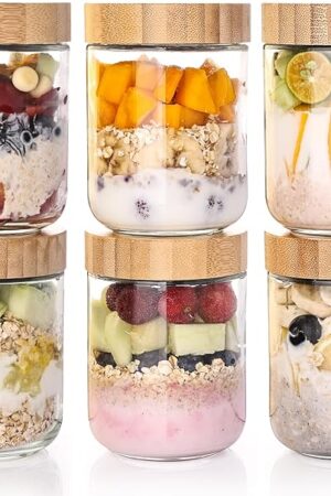 6-Pack Overnight Oats Containers with Bamboo Airtight Lids, 16oz Wide Mouth Mason Salad jars, Glass Food Storage Containers for Snacks Sugar Spice Yogurt