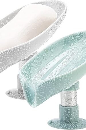 2Pack Soap Holder Leaf-Shape - Self Draining Soap Dish Holder, Not Punched Easy Clean Bar Soap Holder, with Suction Cup Soap Dish Suitable for Shower, Bathroom, Kitchen Sink (Grey + Green)