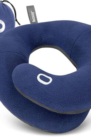 BCOZZY Travel Neck Pillow for Airplane – Patented Double Support for Head, Neck, and Chin. Best for Long Flights, Plane Sleeping, and Car Rides. Adjustable Size. Fully Washable. Carry Bag. Large, Navy
